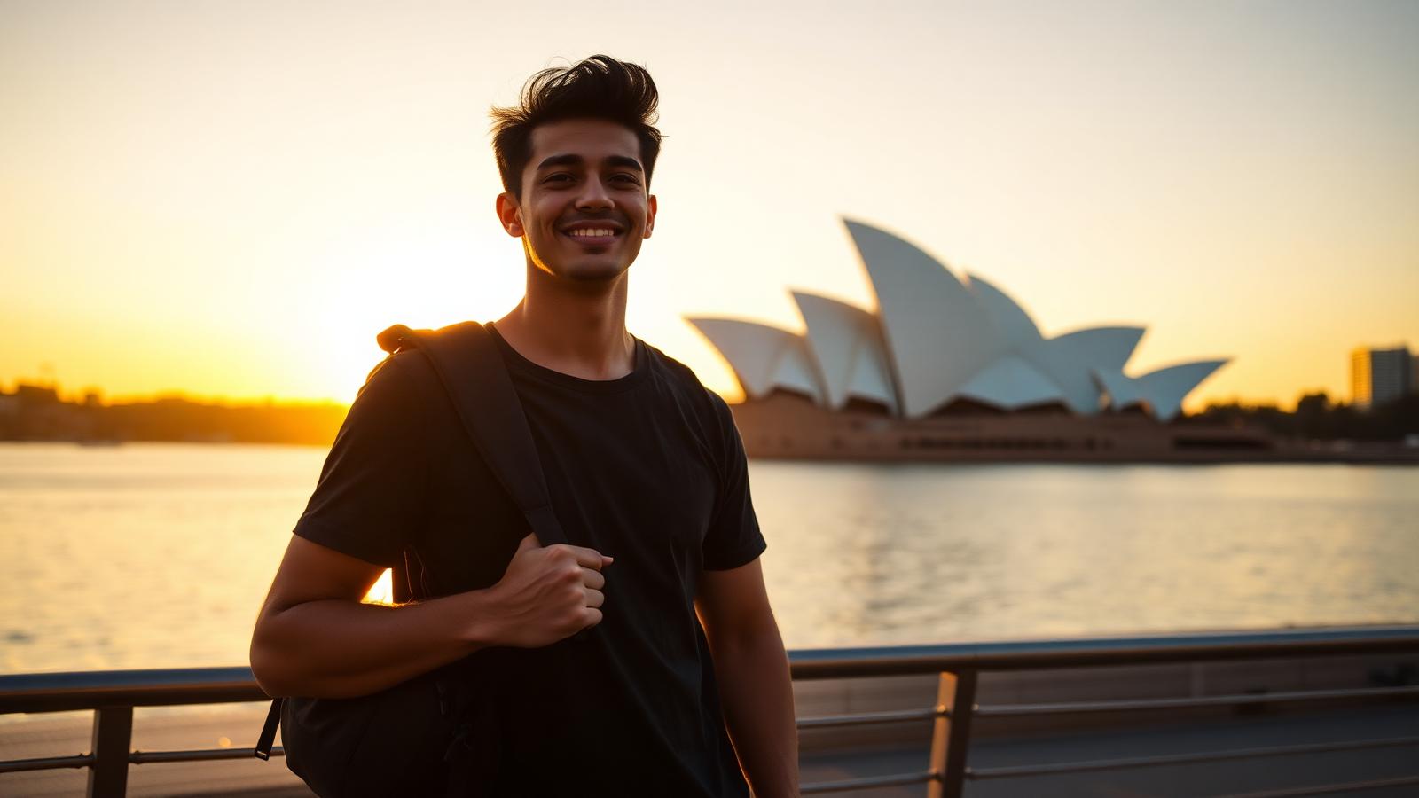 Estudante brasileiro chegando em Sydney ao pôr do sol