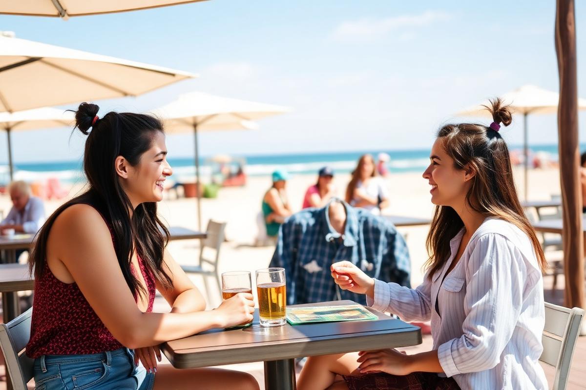 Estudante internacional conversando em inglês em café acolhedor na Austrália